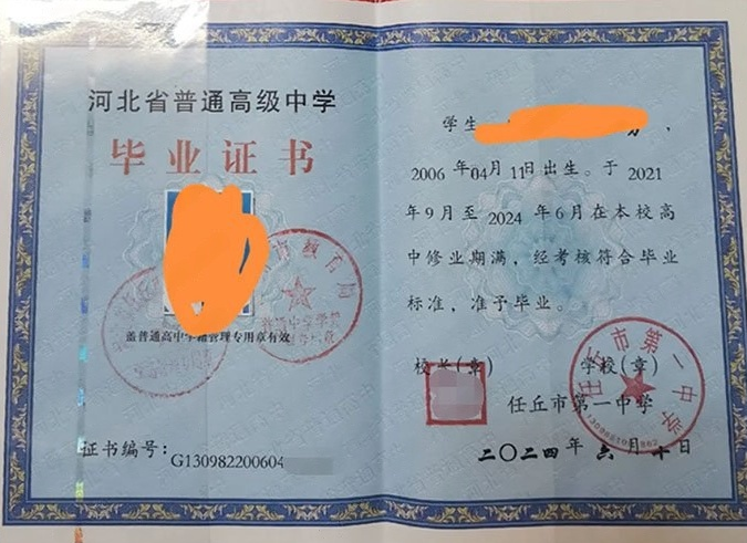 潮州任丘市第一中学高中毕业证样本图片